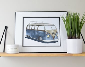 VW Bus Digital Art Download - Blue or Black, Vintage Bus Print, Transportation Decor, Ski/Surf Van Art