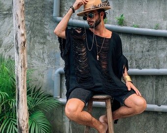 Poncho tejido a mano de algodón orgánico negro hecho en Tulum