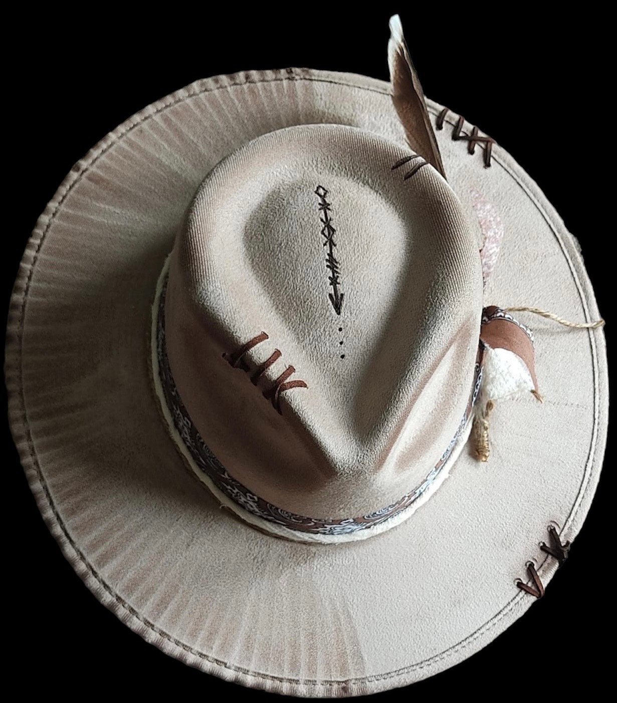 Handmade Mexican Fedora Sz M Western Brim Celestial Design Hat Unisex Boho Retro Mexican Handcrafted Wide Brim Palm Cowboy Hat | CoLores  main image 2