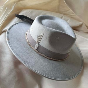 Celestial Charm Gray Fedora Hat | Handmade Boho Western Hat | Burning Man Festival Hat | Crystal Artisan Fedora