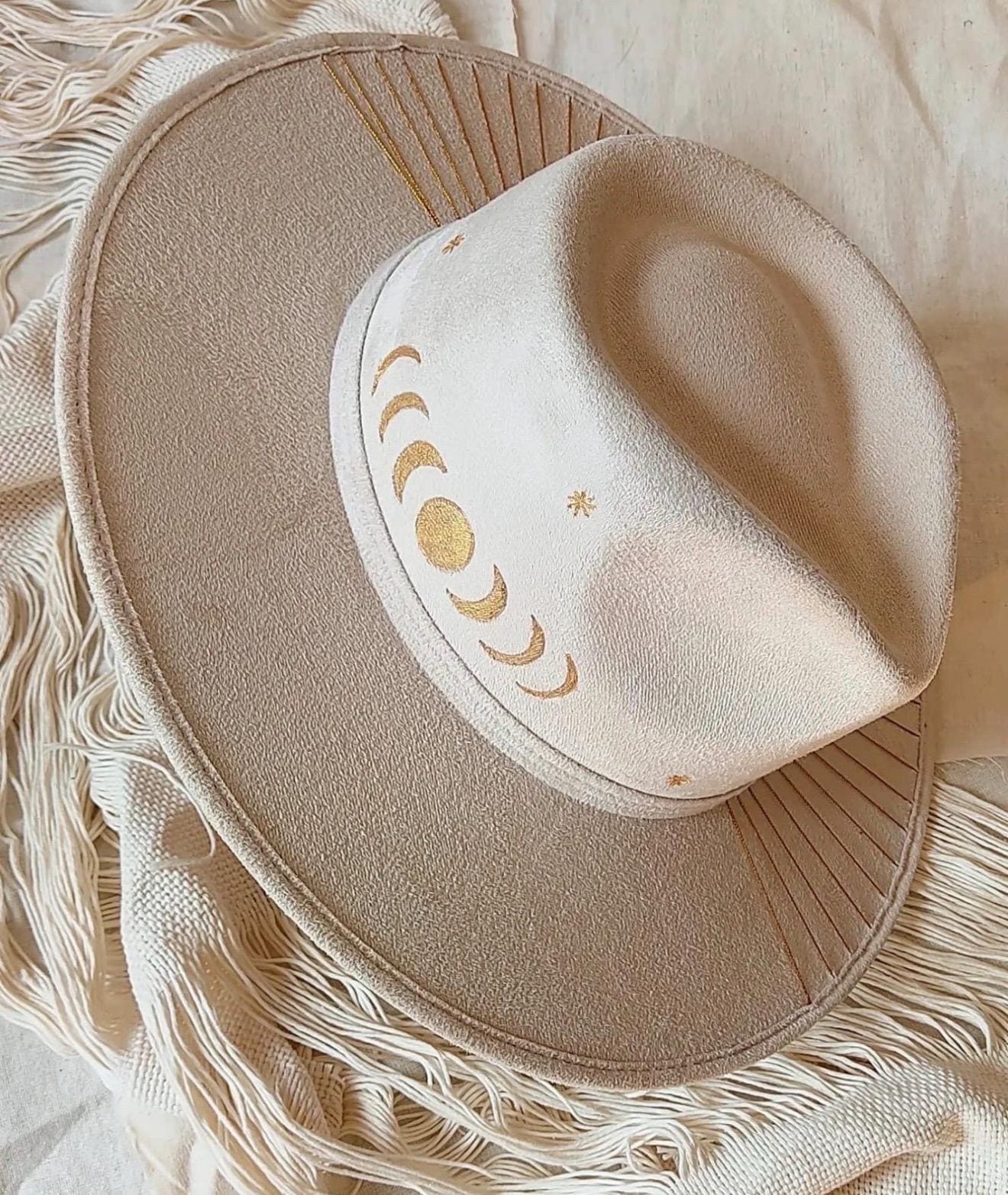 Lunar Crest White Fedora Hat Moon Phase Gold Fedora Crystal Boho Hat Burning Man Festival Hat Handmade Western Hat