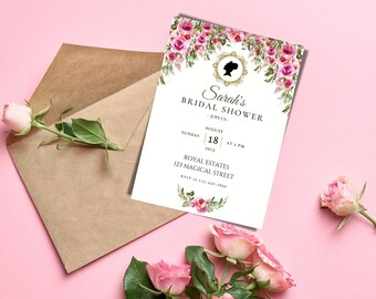 Rose Bridal Shower Invitation Template, Bridgerton Invite, Floral, Bridal Shower Invitation Card Printable, Editable, INSTANT Download Canva