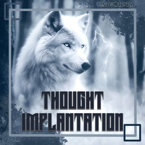 May include: A digital art image features a white wolf with piercing blue eyes, set against a backdrop of a forest and lightning. The text "THOUGHT IMPLANTATION" is prominently displayed in a bold, dark font, with the artist's name "GRAYWOLFSPELLS" at the top.
