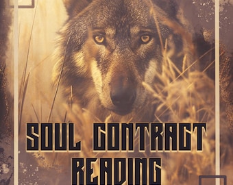 Pode incluir: Um close-up do rosto de um lobo com olhos dourados, sobre um fundo de grama alta e seca. O texto "SOUL CONTRACT READING" é sobreposto à imagem em uma fonte preta e em negrito.