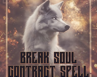 Może przedstawiać: Cyfrowe dzieło sztuki przedstawiające białego wilka z przenikliwymi niebieskimi oczami. Tekst "BREAK SOUL CONTRACT SPELL" jest wyświetlany pogrubioną, stylizowaną czcionką. Tło ma rozmyty, złoty efekt bokeh, ze słowami "GRAYWOLF SPELLS" u góry.