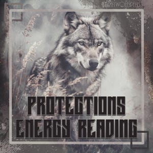 May include: A gray wolf with a serious expression is featured in a digital illustration. The wolf is surrounded by tall grass and a misty background. The text "PROTECTIONS ENERGY READING" is displayed in bold, black letters.