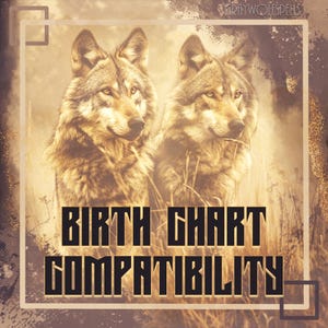 Può includere: Immagine digitale con due lupi dal pelo marrone dorato, su uno sfondo di erba alta e toni seppia. Il testo "BIRTH CHART COMPATIBILITY" è visualizzato in grassetto, con un carattere scuro.