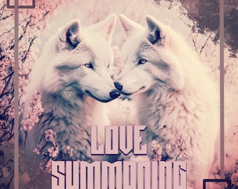 Pode incluir: Dois lobos brancos com narizes cor-de-rosa estão frente a frente com suas cabeças se tocando. Os lobos estão em frente a um fundo rosa e branco com o texto "LOVE SUMMONING" em letras cor-de-rosa.