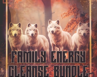 Pode incluir: Quatro lobos brancos em um ambiente de floresta com folhagem de outono. O texto "FAMILY ENERGY CLEANSING BUNDLE" está em primeiro plano.