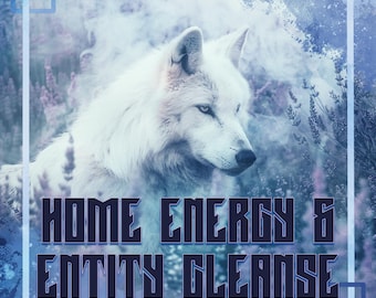 Könnte beinhalten: Ein weißer Wolf mit blauen Augen steht in einem Feld mit lila Blumen. Der Text "HOME ENERGY & ENTITY CLEANSE" befindet sich im Vordergrund.