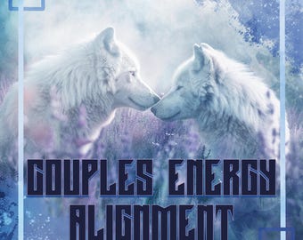Puede incluir: Dos lobos blancos con ojos azules se miran, con sus narices tocándose. Los lobos están en un campo de flores moradas. El texto "Couples Energy Alignment" está en letras negras sobre un fondo blanco.