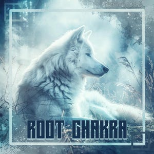 Könnte beinhalten: Ein weißer Wolf sitzt in einem schneebedeckten Wald mit blauem und weißem Hintergrund. Der Text "ROOT CHAKRA" ist in dunkelblauen Buchstaben am unteren Rand des Bildes geschrieben.