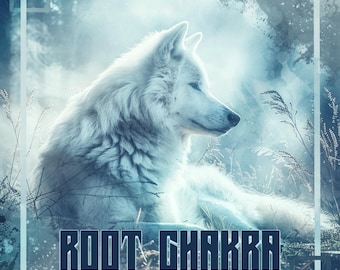 May include: A white wolf sits in a snowy forest with a blue and white background. The text "ROOT CHAKRA" is written in dark blue letters at the bottom of the image.