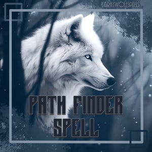 May include: A digital art image featuring a white wolf with piercing blue eyes, set against a dark blue and gray background. The text "PATH FINDER SPELL" is prominently displayed. The artwork has a mystical and enchanting theme.