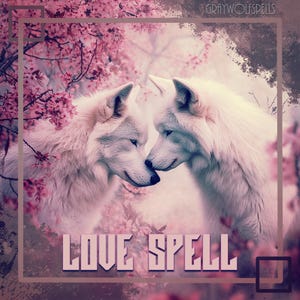 May include: A digital art piece featuring two white wolves nose to nose, set against a backdrop of pink cherry blossoms. The words "LOVE SPELL" are displayed in a stylized font. The image has a soft, romantic aesthetic.