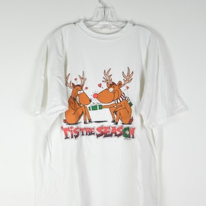 Koszulka świąteczna z lat 90. - 2XL | Koszulka świąteczna w stylu vintage | Koszulka z kreskówkowym motywem lat 90. | Koszulka graficzna z reniferem w stylu vintage, pojedynczy ścieg, śliczna koszulka świąteczna