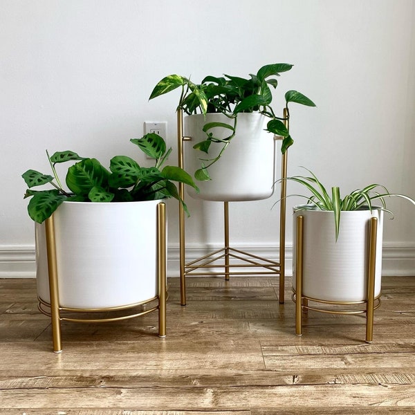 White Metal Planter Pots on Gold Plant Stands