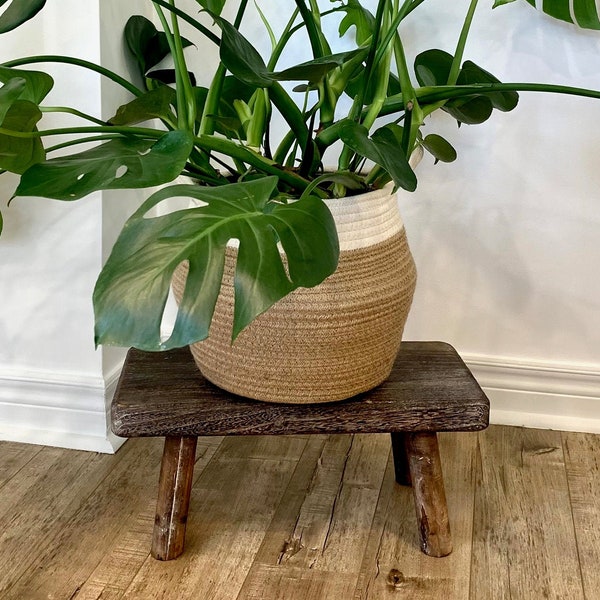 White and Beige Jute Basket Pot