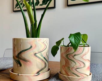 Rainbow Swirl Ceramic Planter Pots with Saucers (Set of 2)