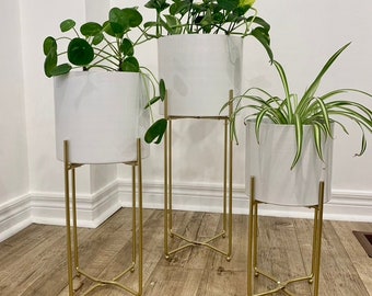 Modern White Metal Planter Pots on Gold Plant Stands