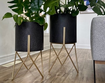 Charcoal Metal Planter Pots on Gold Plant Stands