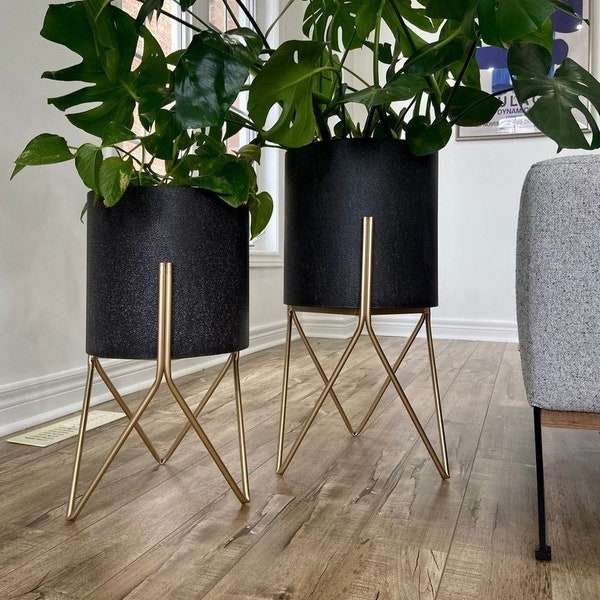 Charcoal Metal Planter Pots on Gold Plant Stands