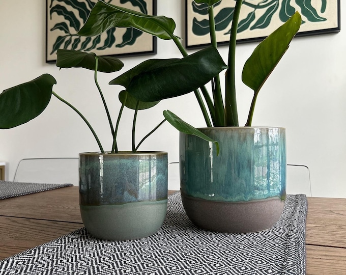 Sea Blue Ceramic Plant Pot: Minimalist Indoor Planter/set of 2