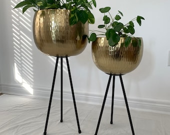 Hammered Gold Metal Bowl Planter Set with Black Iron Legs – Elegant Home Decor