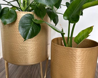 Hammered Metal Floor Planter Pot with Gold Stand - Muted  light Gold/Decor your world/