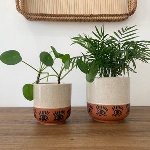 Può includere: Due vasi di ceramica con piante. I vasi sono cilindrici con una parte superiore beige macchiata e una base color terracotta. La base presenta un motivo di occhi neri ripetuti. Un vaso contiene una pianta con foglie rotonde, l'altro con foglie sottili e piumate.