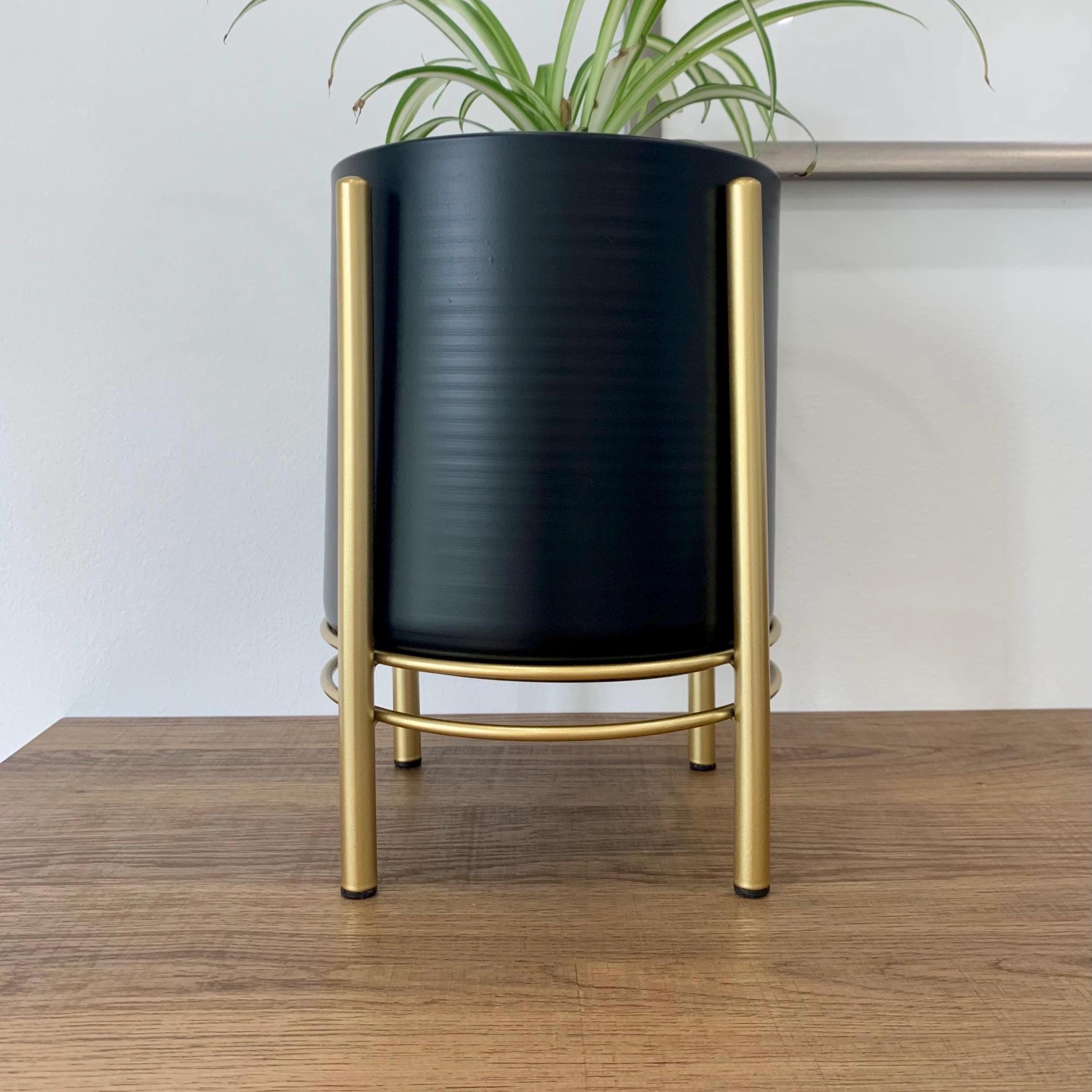 Black Metal Planter Pot With Gold Stand: Mid-century Modern Decor - Etsy