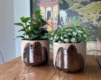 Tan Clay Planter Pot with Bronze Glaze - Ceramic pot/