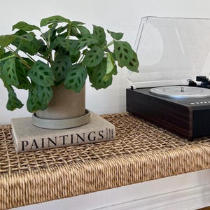 May include: A Maranta plant in a beige pot sits on a book titled "PAINTINGS" on a woven bench. A dark wood record player with a clear cover is to the right. The bench has a natural, light brown colour.