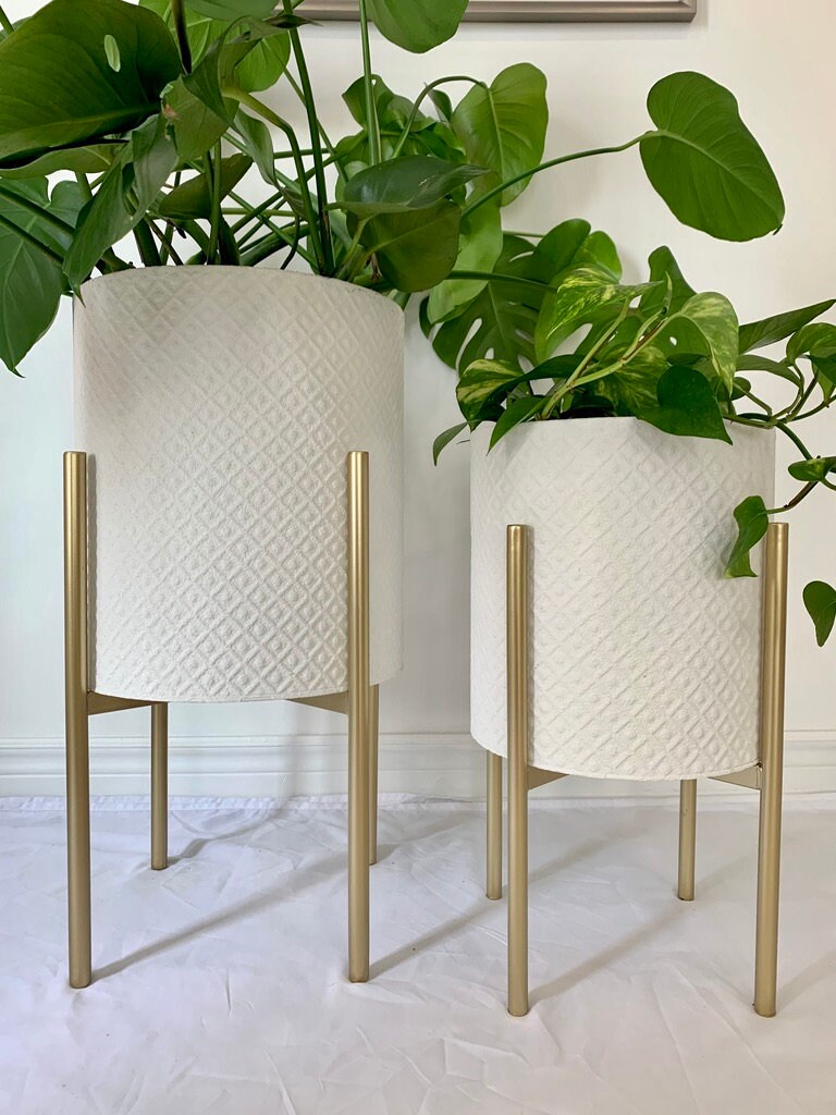 Modern White Metal Planter Pots on Gold Plant Stands Etsy