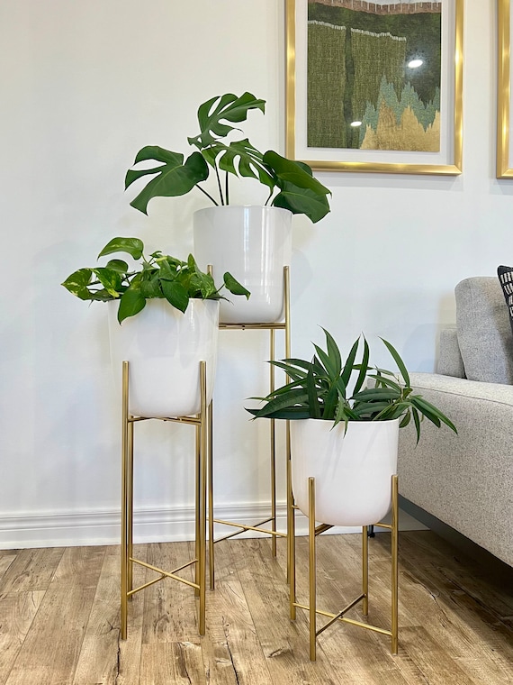 white plant stands indoor Round Rattan Planter Stand with Handmade White Cotton Rope Macrame for  Indoor Use