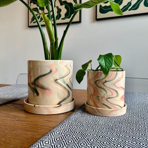 Könnte beinhalten: Zwei Keramik-Pflanztöpfe mit passenden Untertassen. Die Töpfe haben eine cremefarbene Basis mit einem Wirbeldesign in Rosa, Grün und Gelb. Ein Topf enthält eine große Pflanze mit grünen Blättern, der andere eine kleinere. Die Töpfe stehen auf einem Holztisch.