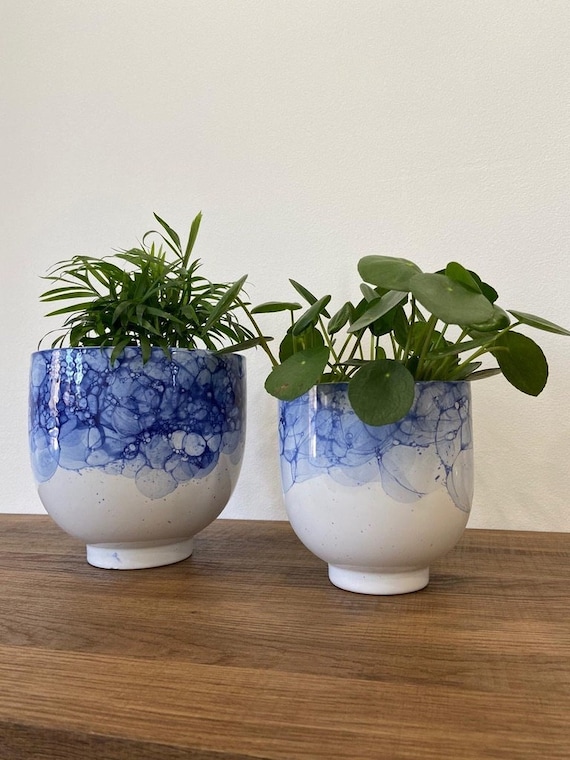 Blue Watercolour Ceramic Plant Pot: Indoor Planter, No Drainage