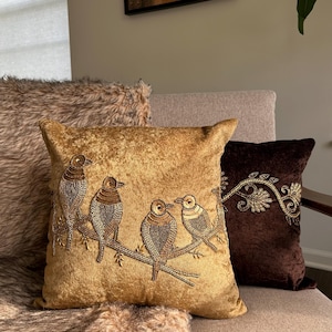Handmade Velvet Cushion Cover, Muted Gold Beaded Embroidery (15x15)