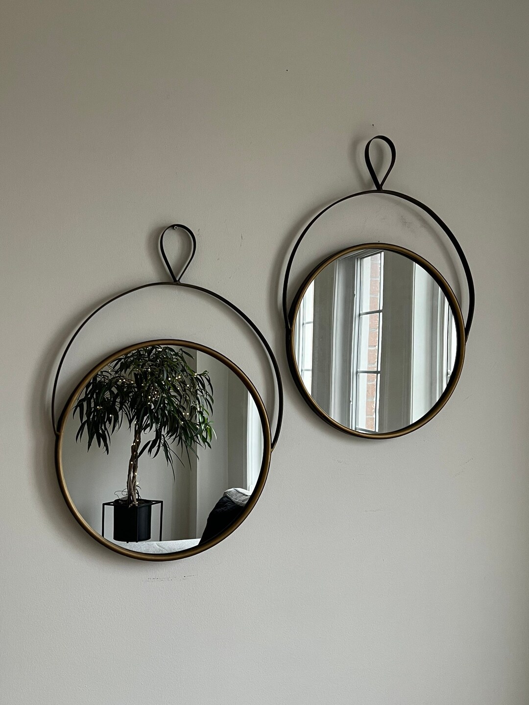 Muted Gold Metal Rimmed Round Hanging Mirrors set of 2 - Etsy