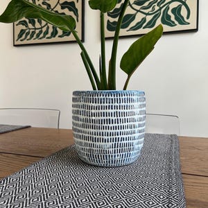 Navy Cell Ceramic Plant Pot: Unique Pattern, Indoor Outdoor Planter