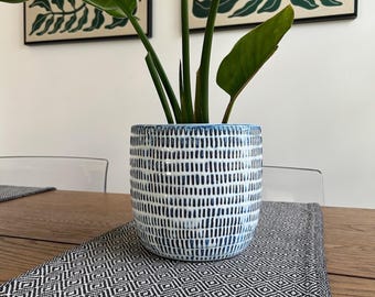Navy Cell Ceramic Plant Pot: Unique Pattern, Indoor Outdoor Planter