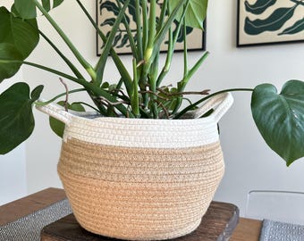 White and Beige Jute Basket: Minimalist Planter, Toy Organizer