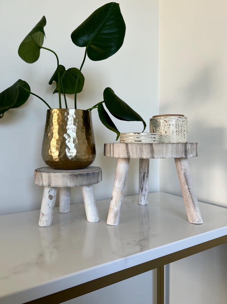 May include: A gold hammered metal planter holding a green leafy plant sits atop a small, whitewashed wooden stool. Another stool holds a small, textured white ceramic jar with a lid. The stools are on a white surface.