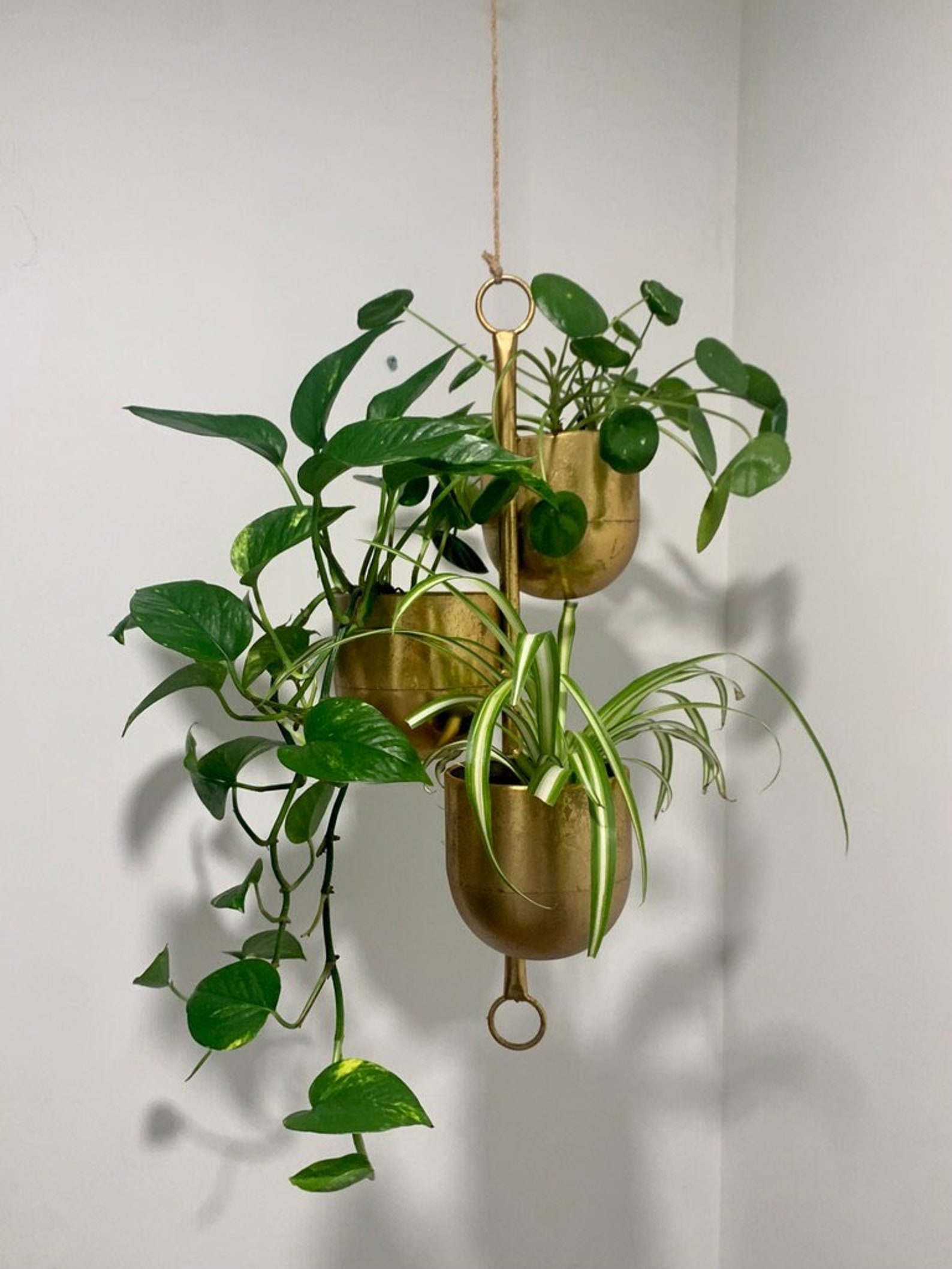 Brushed Gold 3-Pot Hanging Planter: Rustic Metal Indoor/Outdoor Decor