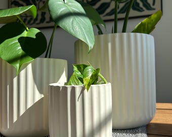 White Grooved Ceramic Planter Pots Set/ Indoor -Outdoor Decor/