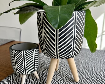Herring Bone Cement Tripod Planter Pots on Wood Stands
