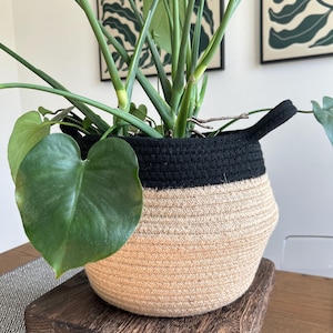 Black and Beige Jute Basket Planter: Indoor Outdoor Organizer