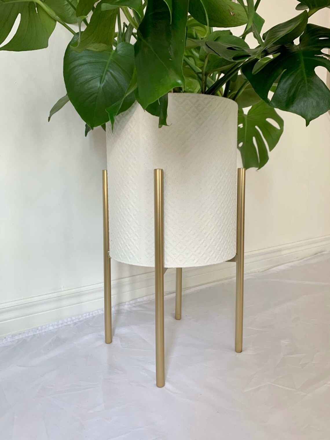 Modern White Metal Planter Pots on Gold Plant Stands Etsy