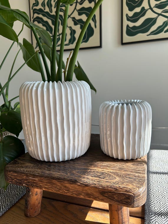 White Ceramic Planter Pot: Modern Vertical Lines, Indoor Outdoor Decor -  Etsy