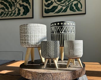 Boho Cement Planter with Wood Tripod: Abstract Lines and Dots/Eye Catching Designs/